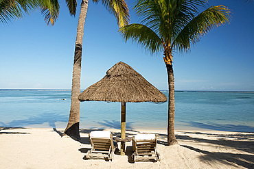 Palm trees and white sand beach near the Lux Le Morne Hotel on Le Morne Brabant Peninsula, Mauritius, Indian Ocean, Africa