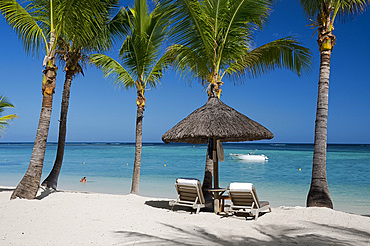 Palm trees and a white sand beach near the Lux Le Morne Hotel, on the Le Morne Brabant Peninsula, Mauritius, Indian Ocean, Africa