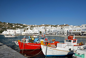 Colourful fishing boats in Mykonos Harbour, Mykonos Town, Mykonos, The Cyclades, Greek Islands, Greece, Europe