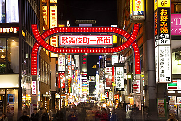 A neon red gate (torii) and neon signs in the Kabukicho district, centre of nightlife and entertainment in Tokyo, Honshu, Japan, Asia