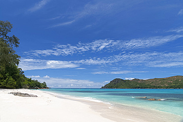 A view along Anse Boudin toward Curieuse Island from Praslin, Seychelles, Indian Ocean, Africa