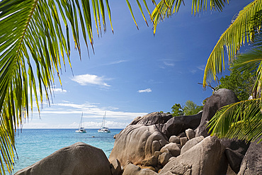 Distinctive limestone rock formations at Anse Lazio on Baie Chevalier, Praslin, Seychelles, Indian Ocean, Africa