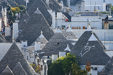 Conical dry stone roofs on trulli, traditonal houses in Alberobello, UNESCO World Heritage Site, Bari Province, Puglia, Italy, Europe