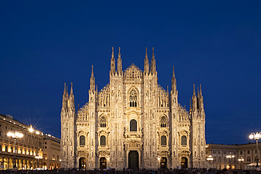 Gothic spires on the facade of the Milan Cathedral in the Piazza del Duomo at dusk, Milan, Lombardy, Italy, Europe