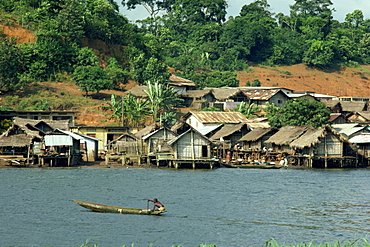 Pirogue, Adjoukron fishing village on lagoon, Tiegba, Ivory Coast, Africa