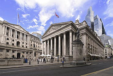 Skyscrapers of the City of London rising behind the Bank of England and the Royalo Exchange