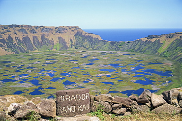 Mirador or viewpoint of Volcan Rano Kau crater lake on Easter Island, Chile, Pacific, South America