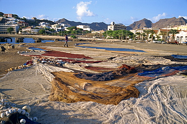 Nets laid out to dry on dockside, Mindelo, Sao Vicente, Cape Verde Islands, Atlantic, Africa