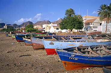 Fishing boats at Praia do Bote in the town of Mindelo, on Sao Vicente Island, Cape Verde Islands, Atlantic, Africa