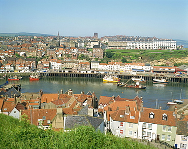 View over Whitby from St. Mary's Parish Church, North Yorkshire, Yorkshire, England, United Kingdom, Europe