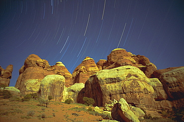 Starstreaks over rock formations, Canyonlands National Park, Utah, USA, North America