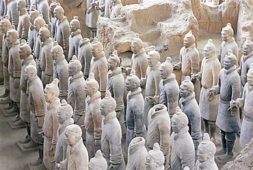 Detail of some of the six thousand statues in the Army of Terracotta Warriors, 2000 years old, from the tomb of the First Emperor of China, Qin Shi Huang, Xian, Shaanxi Province, China, Asia