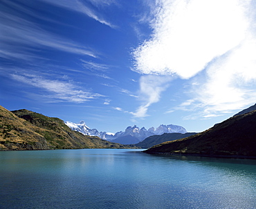 Cuernos del Paine rising up above Rio Paine, Torres del Paine National Park, Patagonia, Chile, South America