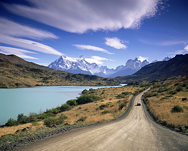 Cuernos del Paine rising up above Rio Paine, Torres del Paine National Park, Patagonia, Chile, South America