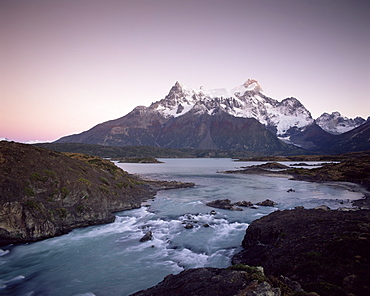 Cuernos del Paine rising up above Salto Grande, Torres del Paine National Park, Patagonia, Chile, South America