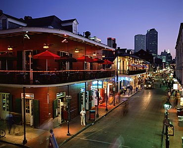 City skyline and Bourbon Street, New Orleans, Louisiana, United States of America, North America