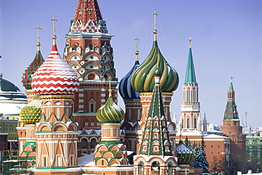 St. Basil's Christian cathedral in winter snow, Red Square, UNESCO World Heritage Site, Moscow, Russia, Europe