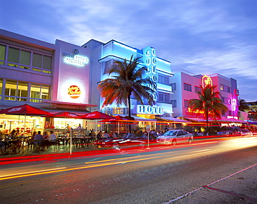 Art Deco district at dusk, Ocean Drive, Miami Beach, Miami, Florida, United States of America, North America