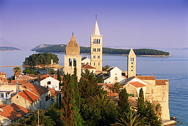 Medieval Rab Bell Towers and elevated view of the town, Rab Town, Rab Island, Dalmatia, Dalmatian coast, Croatia, Europe