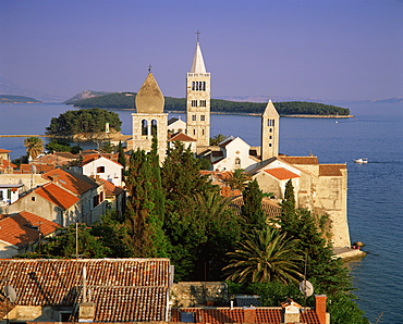 Elevated view of the medieval Rab Bell Towers and town, Rab Town, Rab Island, Dalmatia, Dalmatian coast, Croatia, Europe