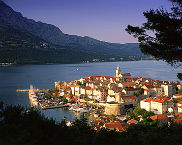 Elevated view of Korcula Town, Old Town of Korcula, Korcula Island, Dalmatia, Dalmatian coast, Croatia, Europe