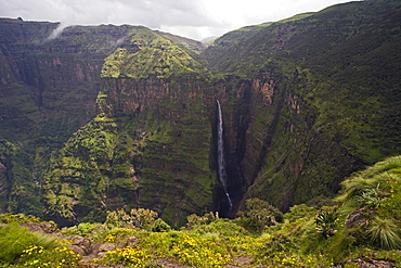 Dramatic waterfall near Sankaber, UNESCO World Heritage Site, Simien Mountains National Park, The Ethiopian Highlands, Ethiopia, Africa