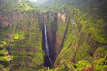 Dramatic waterfall near Sankaber, UNESCO World Heritage Site, Simien Mountains National Park, The Ethiopian Highlands, Ethiopia, Africa