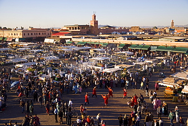 Elevated view over the Djemaa el-Fna, with food stalls filling the square in the evening, Marrakech (Marrakesh), Morocco, North Africa, Africa