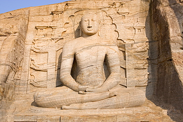 Rock carved granite image of the seated Buddha, Gal Vihara, Polonnaruwa (Polonnaruva), UNESCO World Heritage Site, Sri Lanka, Asia