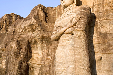 Rock carved granite image of the 7m tall standing Buddha, Gal Vihara, Polonnaruwa (Polonnaruva), UNESCO World Heritage Site, Sri Lanka, Asia