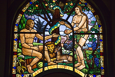 Stained glass window depicting Adam and Eve in the Garden of Eden, Holy Trinity Cathedral, the largest Orthodox church in the country, built between 1935 and 1942, Addis Ababa, Ethiopia, Africa