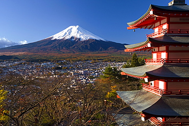 Mount Fuji capped in snow and the upper levels of a temple, Fuji-Hakone-Izu National Park, Chubu, Central Honshu, Japan, Asia