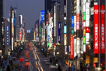 Chuo-dori, elevated view at dusk along Tokyo's most exclusive shopping street, Ginza, Central Tokyo, Honshu, Japan, Asia