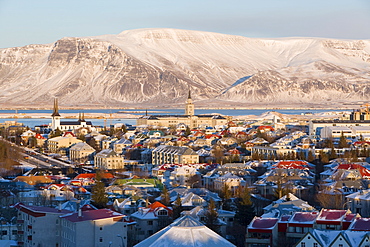 Elevated view over the churches and city, with a backdrop of snow capped mountains, Reykjavik, Iceland, Polar Regions