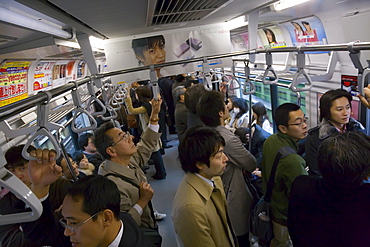 Commuters inside train in rush hour, Tokyo Subway, Tokyo, Honshu, Japan, Asia