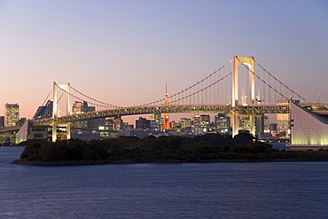 Rainbow Bridge and Tokyo Tower illuminated at dusk, Odaiba, Tokyo Bay, Tokyo, Japan, Asia