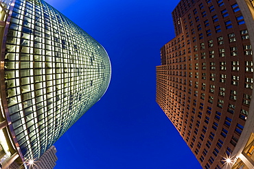 Low angle view of skyscrapers in new urban development, Potsdamer Platz, Berlin, Germany, Europe