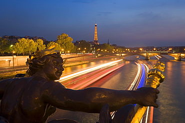 View of the Eiffel Tower from Pont Alexandre III at dusk, Paris, France, Europe