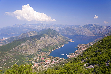 Elevated view of the Fjord, town of Kotor and surrounding mountains, Bay of Kotor, Adriatic coast, Montenegro, Balkans, Europe