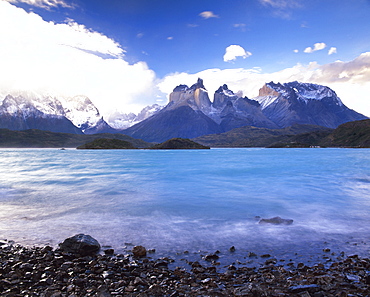 Cuernos del Paine rising up above Lago Pehoe, Torres del Paine National Park, Patagonia, Chile, South America