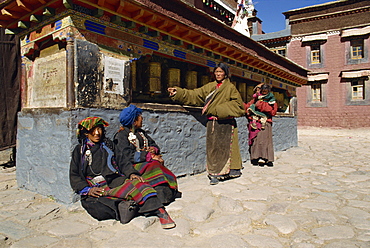 Prayer wheels, Sakya Monastery, Tibet, China, Asia