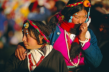 Two Tibetan women in traditional dress, Lhasa, Tibet, China, Asia