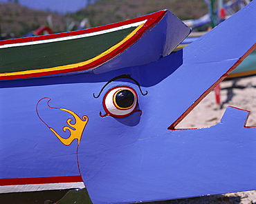 Close-up of painted eye on side of fishing boat, island of Bali, Indonesia, Southeast Asia, Asia