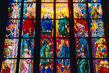 Stained glass window, St. Vitus Cathedral, Prague, Czech Republic, Europe