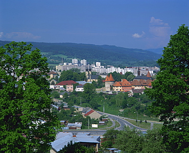 Contrast of old and new buildings in the town of Bardejov, Slovakia, Europe