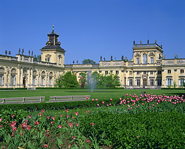 Beds of tulips in front of the Wilanow Palace dating from 1696, in Warsaw, Poland, Europe