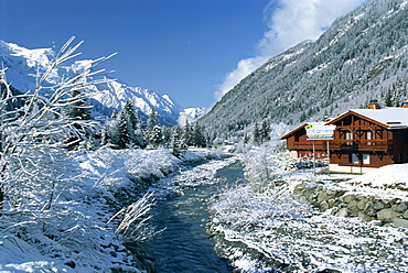 River running past chalets in the Les Grands Montets area, near Chamonix and Argentiere, Rhone Alpes, France, Europe