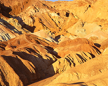 Eroded rock formations, gullies, in differing colours, Artists Palette, Death Valley National Monument, California, United States of America (USA), North America