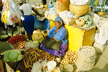 Woman selling vegetables in the city market, Praia, Santiago Island, Cape Verde Islands, Africa