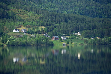 Houses near Olden, Nordfjord, Norway, Scandinavia, Europe